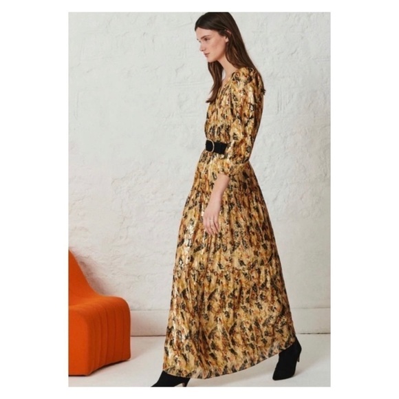 NWT BA&SH Gold Metallic Printed Gullian Robe Maxi Dress Long Sleeve Ochre XS - Picture 3 of 16